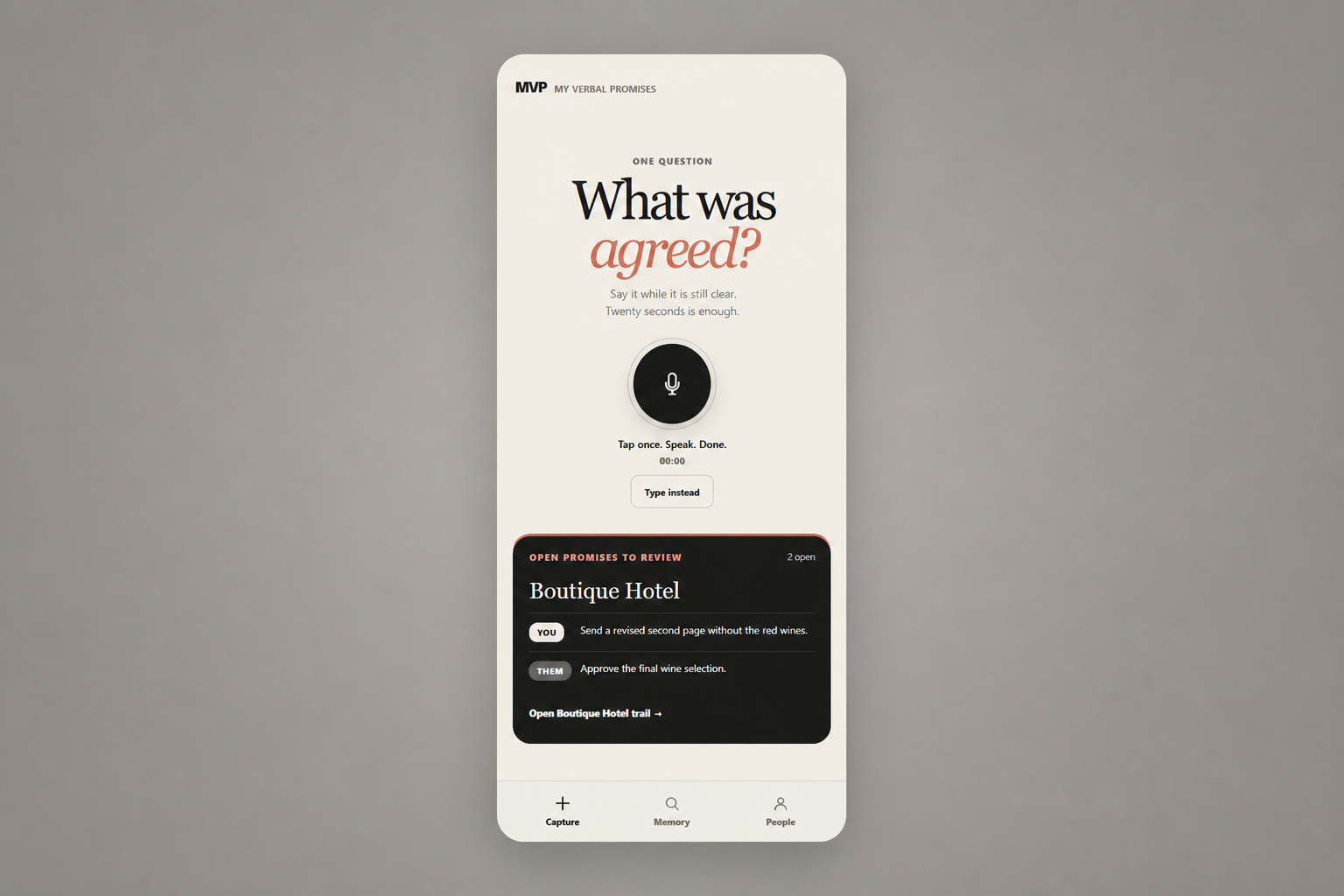 MVP My Verbal Promises working product prototype